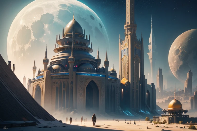 there is a large futuristic masterpiece Arabian castle in Quranic art style in the middle of a futuristic city with a moon, in fantasy sci - fi city, sci-fi fantasy wallpaper, masterpiece concept art cityscape, epic Arabic calligraphy art sci fi illustration, huge futuristic islamic design, fantasy scifi, with masterpiece Quranic art desktop wallpaper, fantasy art city background, in front of a fantasy city, fantasy city, in a castle on an alien planet with masterpiece Calligraphy, diagonal composition,from side