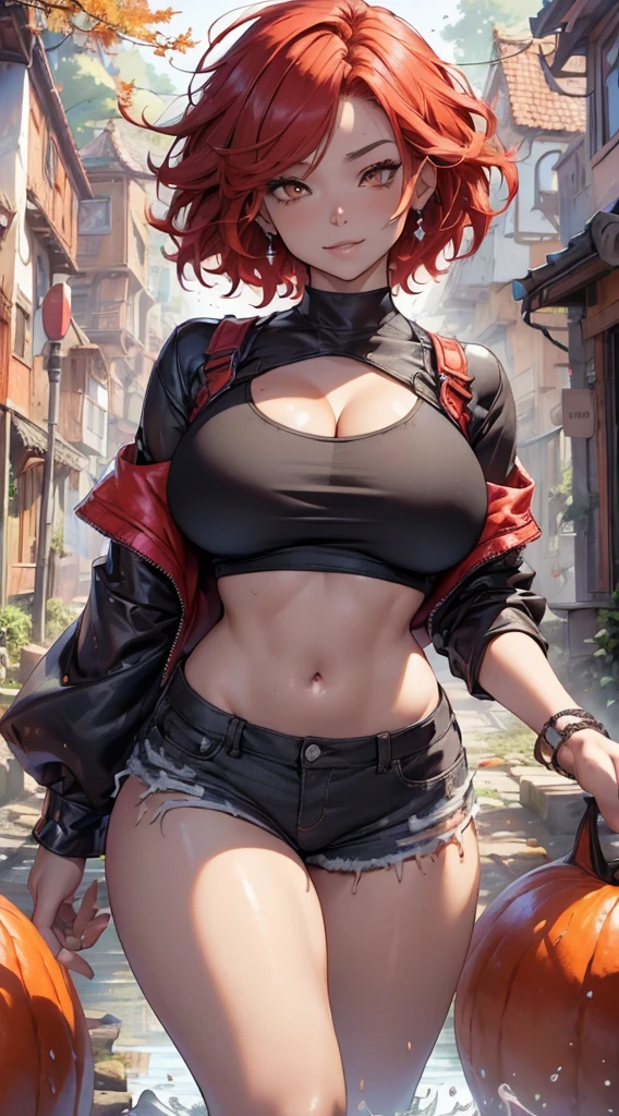 1female, 23 years old, she has short flowing light RED hair, hair straight, (short hair: 1.5), (red hair: 1.35), (messy hair), red eyebrows, brown eyes, (large breasts: 1.5), big chest, wide hips, Hourglass body shape, inflated thighs, hourglass waist, abs, fit, narrow waist, Bigchest, (white skin:1.35), (((wearing a loose cropped adidas black shirt, wearing loose shorts adidas))), pants with folds, (((sport clotheare legs))) Wet straight hair, (((lustrous skin:1.5,bright skin: 1.5,skin tanned,shiny skin,very shiny skin,shiny body,plastic glitter skin,exaggerated shiny skin,illuminated skin))),(delicate detailed fingers,detailed body,(detailed face)), cute,slutty,erotic,daring,((nsfw)), ((autumn forest background)), (Detailed background) (full detaile 8k), vfx, (perfectly detailed eyes), (looking at public) (dynamic pose:1.0),embarrassed,(centered,scale to fit dimensions,Rule of thirds), highres,sharp focus,(ultra detailed,extremely detailed),(photorealistic artwork:1.37),(extremely detailed CG unity 8k wallpaper),(((vibrant colors,vibrant theme))), Emotive expressions, Open-mouthed, ((half-closed eyes)), seductive stare, sexy pose, (seductive pose), extremely cute a sexy pose, smile, Chest sagging, extremely large bosom, Extremely colorful, standing on your feet, Cinmatic lightning, detailed background, Most detailed The face is well lit, (intricate) (masterpiece), (best quality), (round face), (detailed face) From the front side, Front view, coquete look