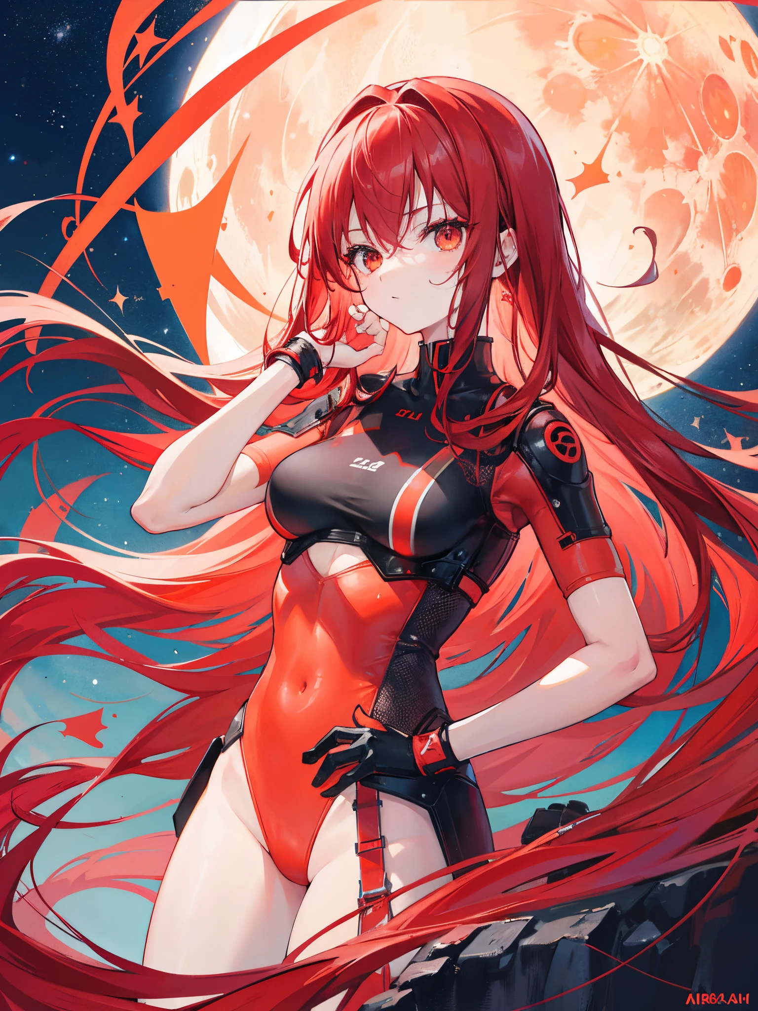 1girl, long red hair, orange eyes eyes, wearing a red plug suit, sexy, beautiful, exposed skin, moon, stars, absurdres, high res, ultrasharp, 8K, masterpiece, looking at viewer