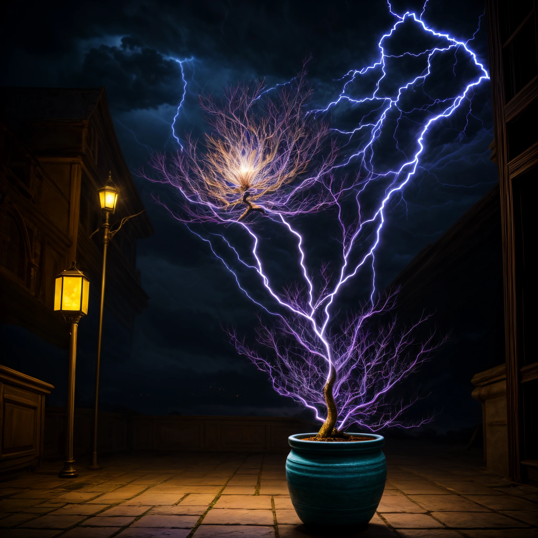 (best quality,4k,8k,highres,masterpiece:1.2),ultra-detailed,(realistic,photorealistic,photo-realistic:1.37),fantastical, vibrant colors,dynamic lighting,electrifying atmosphere,blue eel-headed flower,plant in pot,bolts of lightning,illumination,table setting,energetic display