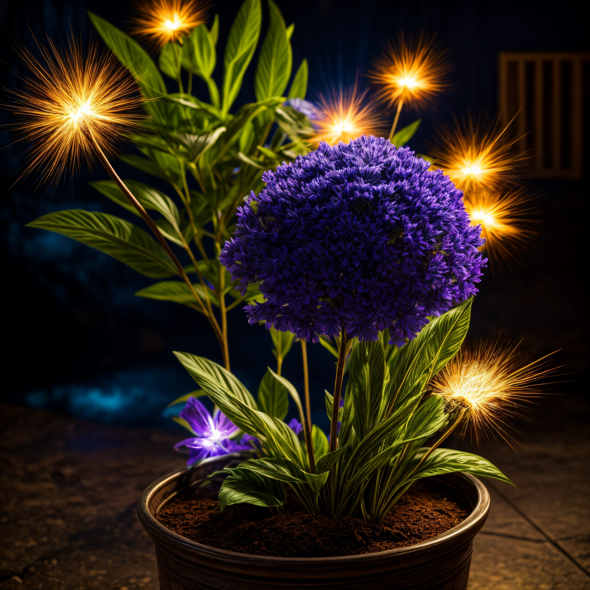 (best quality,4k,8k,highres,masterpiece:1.2),ultra-detailed,(realistic,photorealistic,photo-realistic:1.37),fantastical, vibrant colors,dynamic lighting,electrifying atmosphere,blue eel-headed flower,plant in pot,bolts of lightning,illumination,table setting,energetic display