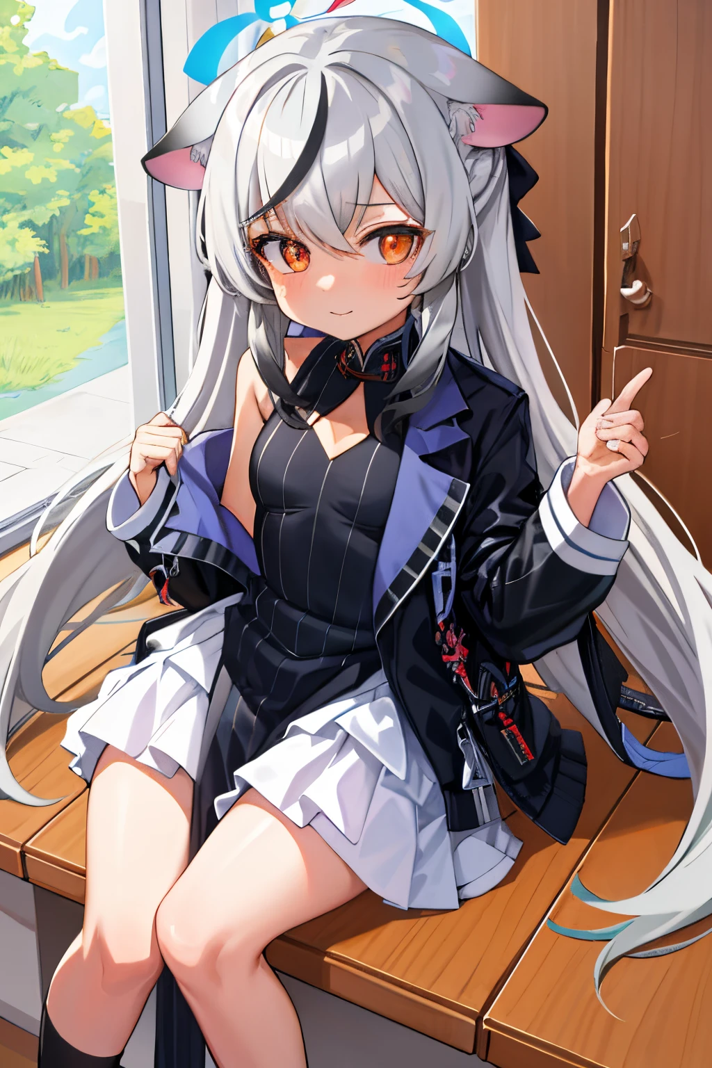 tmasterpiece, best qualtiy, ultra - detailed, 1girll,Gray hair Kokona, inside in room, orange eye, :3,the face, closeup cleavage, at school