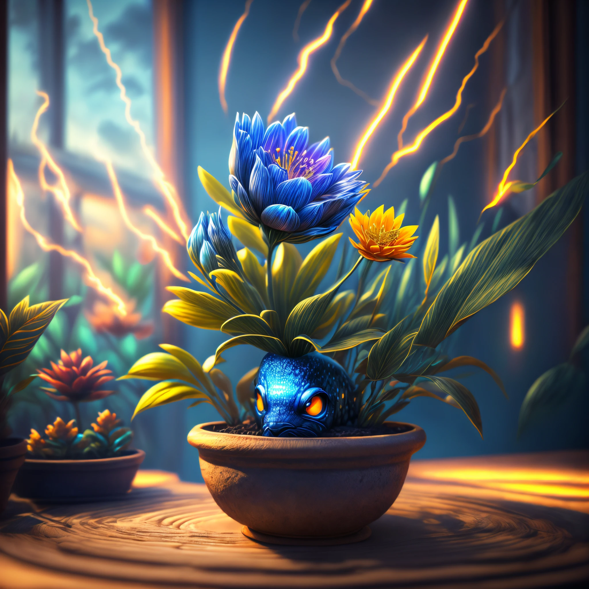 (best quality,4k,8k,highres,masterpiece:1.2),ultra-detailed,(realistic,photorealistic,photo-realistic:1.37),fantastical, vibrant colors,dynamic lighting,electrifying atmosphere,blue eel-headed flower,plant in pot,bolts of lightning,illumination,table setting,energetic display