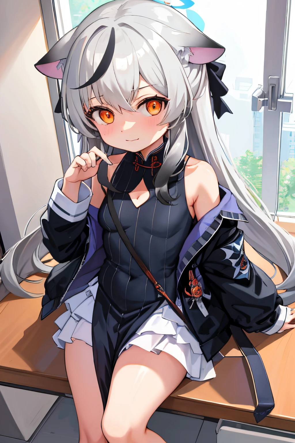 tmasterpiece， best qualtiy， ultra - detailed， 1girll，Gray hair Kokona， inside in room， orange eye， ：3，the face， closeup cleavage, at school