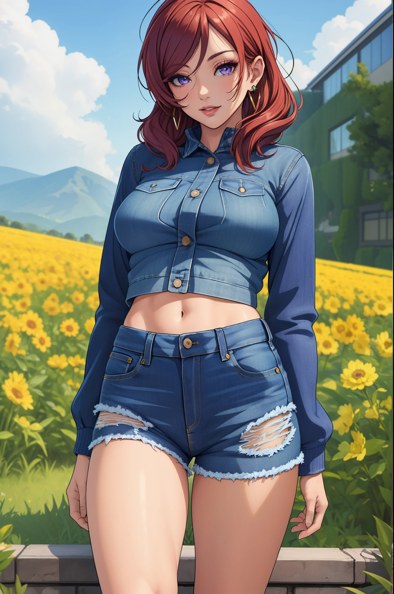 (Masterpiece, Best Quality, High Quality:1.4), professional artwork, well drawn, Intricate Details, field of view, pov, from below 
Nishikino maki, race background, afternoon, 
Red hair, lipstick, makeup, ultra detail hair, ultra detail face, perfect eyes, perfect face, earring, purple eyes, big breasts,Looking at Viewer, flirting, one hand on hip, sexy,
Tight short denim shorts, crop jacket, sweater.