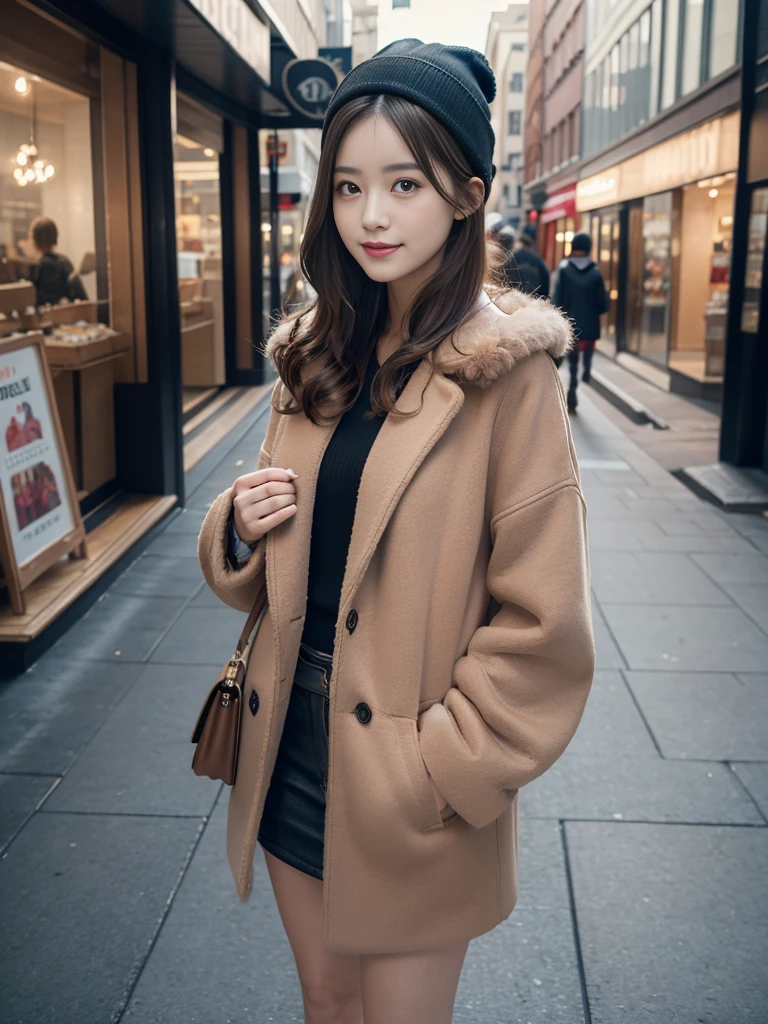 Beautiful brunette, Woman in a short fur coat standing on the city sidewalk, Sophisticated young woman in a brown fur coat, woman wears a short fur coat, Attractive woman, women's pictures, A woman wearing a black hoodie and knitted hat, well lit professional photo, Wear a luxurious jacket, Brown jacket, gorgeous full body portrait,Short boots,High heels 60mm portrait, Wearing a short coat, Very detailed, 20yr old, Innocent face, Short Bob Cut Hair, Natural wavy shape, eyes are brown, High resolution, masutepiece, Best Quality, Intricate details, Highly detailed, Sharp Focus, Detailed skin, Realistic skin texture, Texture, Detailed eyes, Professional, 4K, Charming smile, shot in Canon, 85 mm, Shallow depth of field, Kodak Vision Color, Perfect Fit Body, Extremely detailed, a picture_\(Ultras\), Photorealistic, Realistic, Post-processing, Maximum Detail, Roughness, Real life, A hyper-realistic, Photorealism, Photography, 8K UHD, Photography