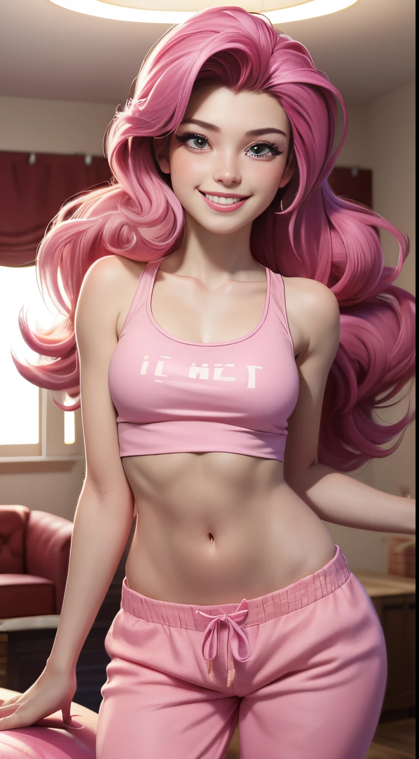 masterpiece, best quality, cowboy shot, solo, 1girl, mlppinkiepie, smile:0.5, looking at viewer, pink tank top, pink sweat pants, living room, indoors,dynamic lighting, slight smile,  torso, ************, medium sized breasts