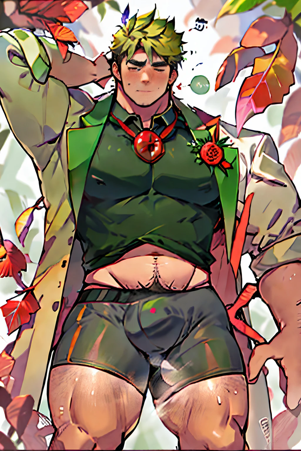 1boy,male  jacket,open clothes,short hair, rainbow hair,outdoors,looking at viewer,pants,closed mouth, extremely muscular masculine figure,off shoulder,city,muscular male,, shirtless, exploding muscle, bara, druid, vines ri, msing dancing flowers
