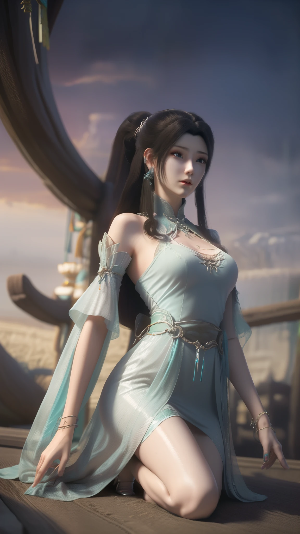 Kneel on the blanket, concept-art：Hero, Trend of CGsociety, Fantasy art, Guviz-style artwork, Guviz, Smooth anime CG art, Keqing from Genshin Impact, Ruan Jia and Artgerm, full-body xianxia, A flowing translucent magic robe