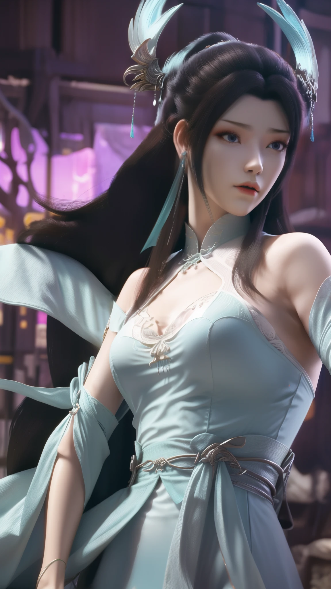 Kneel on the blanket, concept-art：Hero, Trend of CGsociety, Fantasy art, Guviz-style artwork, Guviz, Smooth anime CG art, Keqing from Genshin Impact, Ruan Jia and Artgerm, full-body xianxia, A flowing translucent magic robe