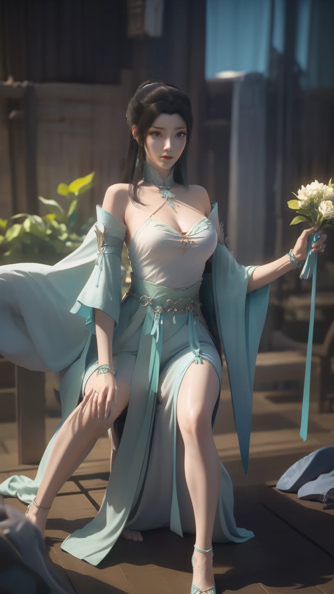 Kneel on the blanket, concept-art：Hero, Trend of CGsociety, Fantasy art, Guviz-style artwork, Guviz, Smooth anime CG art, Keqing from Genshin Impact, Ruan Jia and Artgerm, full-body xianxia, A flowing translucent magic robe