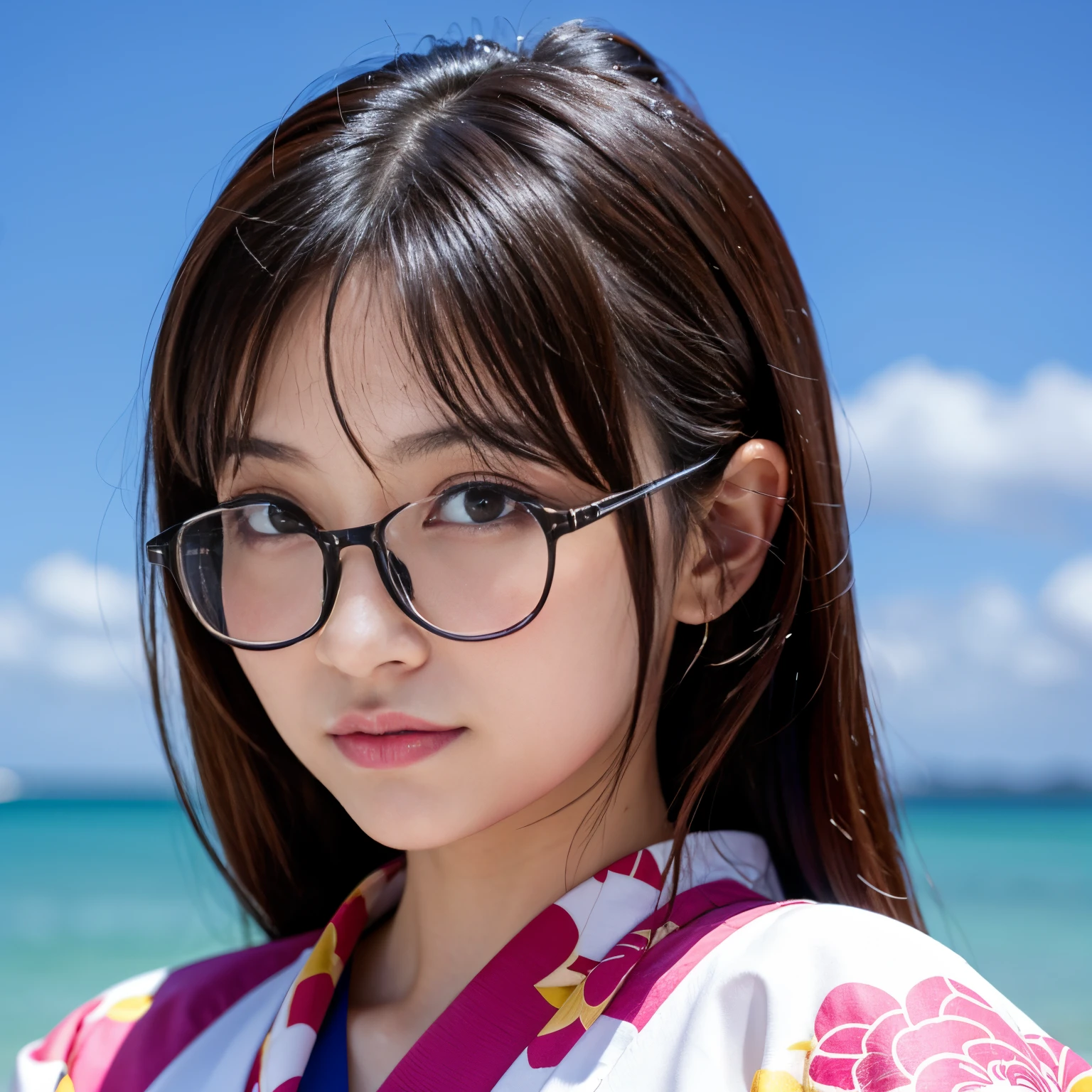 Best-quality, Masterpiece, Ultra-High-Resolution, (Photorealistic:1.4), Raw-Photo, Extremely-Details, Perfect-Anatomy, 1girl, 30-years-old, the most popular Japanese actress, face focus,wearing gorgeous colorful Japanese KIMONO, put on glasses with cool design, detailed gorgeous colorful Japanese KIMONO, detailed glasses with cool design, looking at viewer, extremely beautiful face with glasses like a most famous Japanese actress, extremely beautiful big black solid circle eyes, extremely beautiful black hair, extremely beautiful white skins, extremely beautiful lips, extremely beautiful long eyelashes