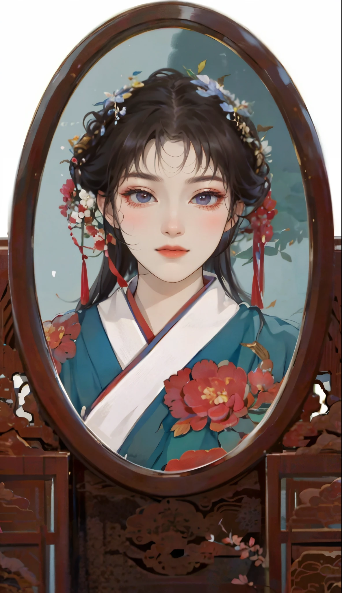 French and German photo of woman in kimono in mirror, Hanfu, inspired by plum trees, 宮 ， A girl in Hanfu, Inspired by Qiu Ying, Wearing ancient Chinese clothes, Matches ancient Chinese costumes, Inspired by Ma Yuanyu, Inspired by Chen Daofu, Inspired by Lan Ying, Inspired by Du Qiong