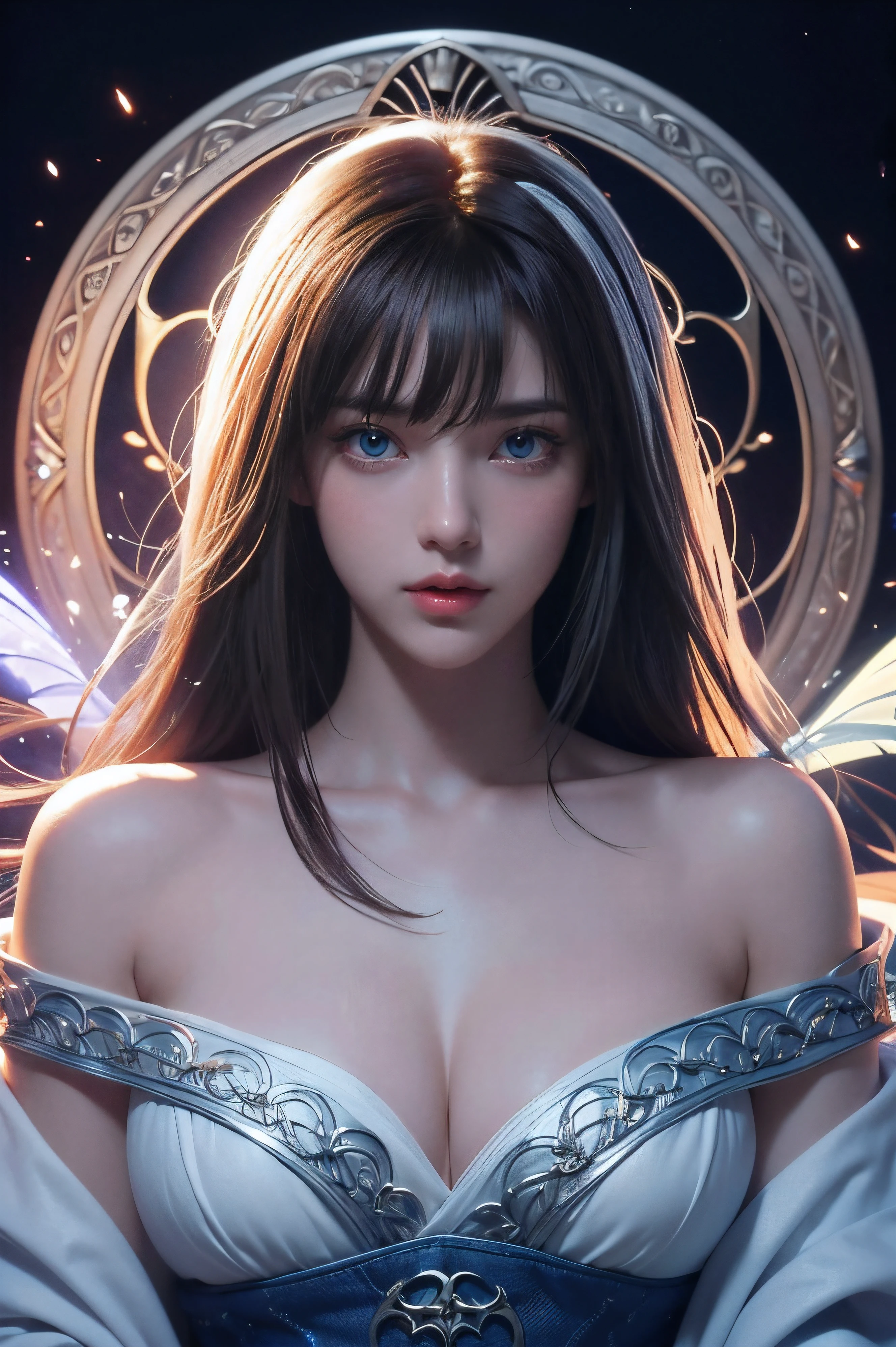 tmasterpiece，Best quality，A high resolution，8K，((sportrait))，(Close-up of the head)，RAW photogr，real photograph，digital photography，(Medieval fantasy female adventurer)，(magician in fantasy world)，18yo Girl，(black and red hair gradient)，Short gray hair，red eyes，(Short white and blue gradient hair，The whiarge breasts)，Luxurious ornaments，Open lips，Keep your mouth beautiful and attractive，((Devil's Eye))，Serious and arrogant，Calm and handsome，(Gorgeous wizard robes，robe，Magic badges，delicate patternare shoulders，((slim toned body))，Photo pose，medieval characters medieval fantasy style，City background at night，oc render reflection texture
