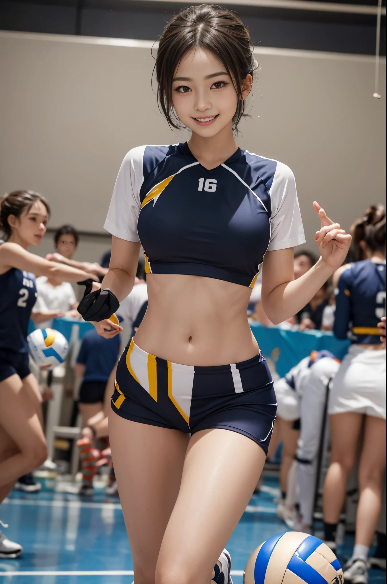 1 girl , sexy volleyball costumes, no bra, braless, big nipples, Best quality, masterpiece, ultra high resolution, 4K, Smile full of happiness、Sweating、Expression in a state of excitement、short-hair、eye glaseach volleyball players 、cowboy shot、japanes, sexy photo, beautiful girl, knee bandages, blue shoes
