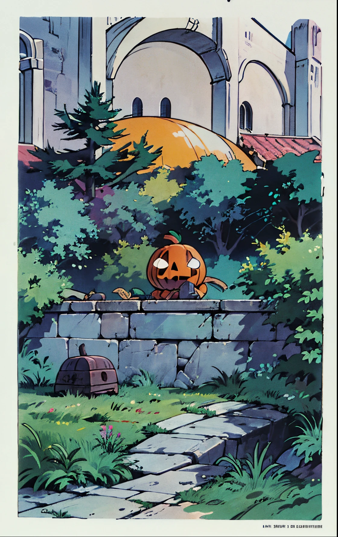 Patio with grass. Manilhas de cano de esgoto ao centro. Arvores secas. Clima de haloween. Fundo do anime