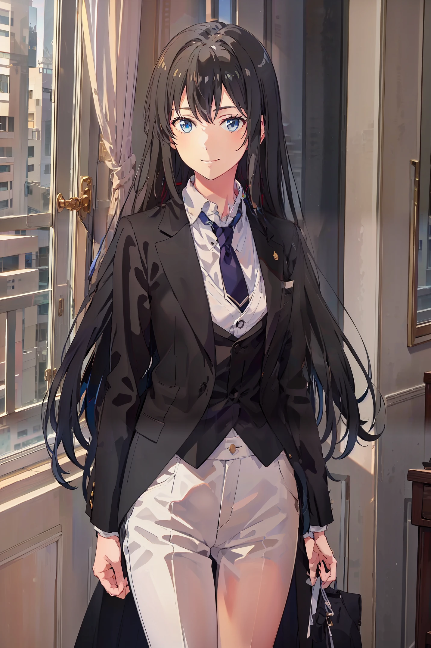 Yukinoshita yukino ,woman in formal attractive tailcoat standing in a large alcove in the room , 1girl, solo, blue necktie, black hair, blue eyes, long hair, smile , collared shirt, white pants, white shirt , tailored tailcoat elegant , standing in front of a window ,tailcoat tailored to elegant crafted from the lustrous fabric