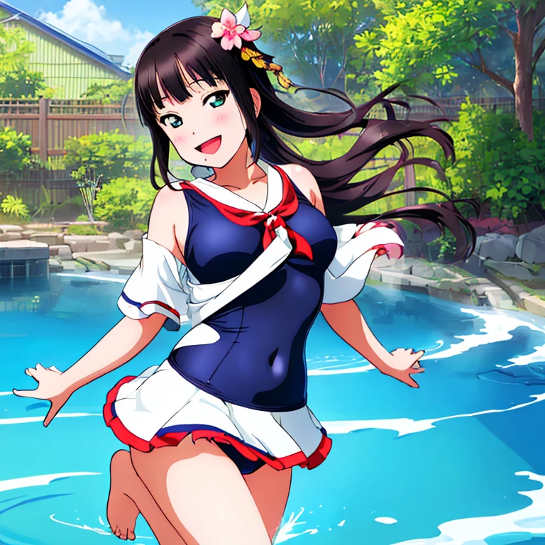 {best quality}, {ultra-detailed}, {best illustration}, middle breasts, woman wearing a traditional Japanese school swimsuit, smile, dark blue swimsuit