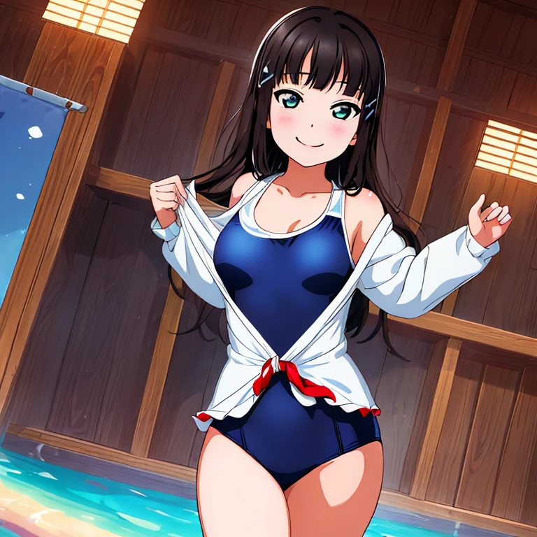 {best quality}, {ultra-detailed}, {best illustration}, middle breasts, woman wearing a traditional Japanese school swimsuit, smile, dark blue swimsuit