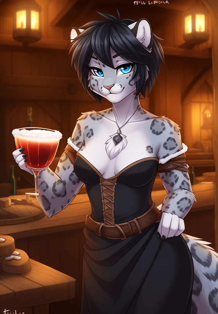 by tom_fischbach, (best quality, masterpiece:1), solo, anthro, furry, female, ((Snow Leopard)), blue eyes, black hair, short hair, portrait, fingers, finger claws, looking at viewer, snow leopard tail, ((huge tuft of hair on the chest)), (medieval tavern)), Women's Renaissance Dress, serving drinks, ((fully clothed))
