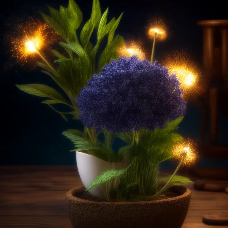 (best quality,4k,8k,highres,masterpiece:1.2),ultra-detailed,(realistic,photorealistic,photo-realistic:1.37),fantastical, vibrant colors,dynamic lighting,electrifying atmosphere,blue eel-headed flower,plant in pot,bolts of lightning,illumination,table setting,energetic display