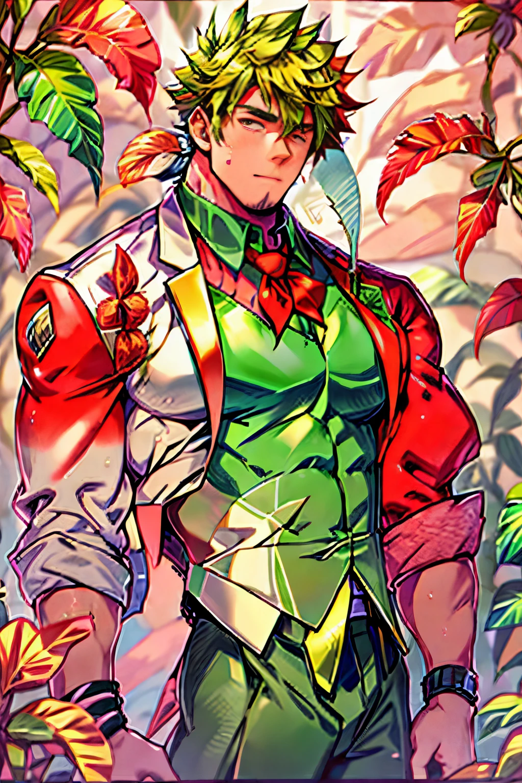 1boy,male  jacket,open clothes,short hair, rainbow hair,outdoors,looking at viewer,pants,closed mouth, extremely muscular masculine figure,off shoulder,city,muscular male,, shirtless, exploding muscle, bara, druid, vines ri, msing dancing flowers