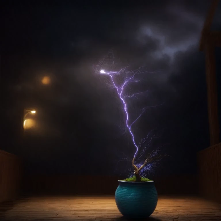 (best quality,4k,8k,highres,masterpiece:1.2),ultra-detailed,(realistic,photorealistic,photo-realistic:1.37),fantastical, vibrant colors,dynamic lighting,electrifying atmosphere,blue eel-headed flower,plant in pot,bolts of lightning,illumination,table setting,energetic display