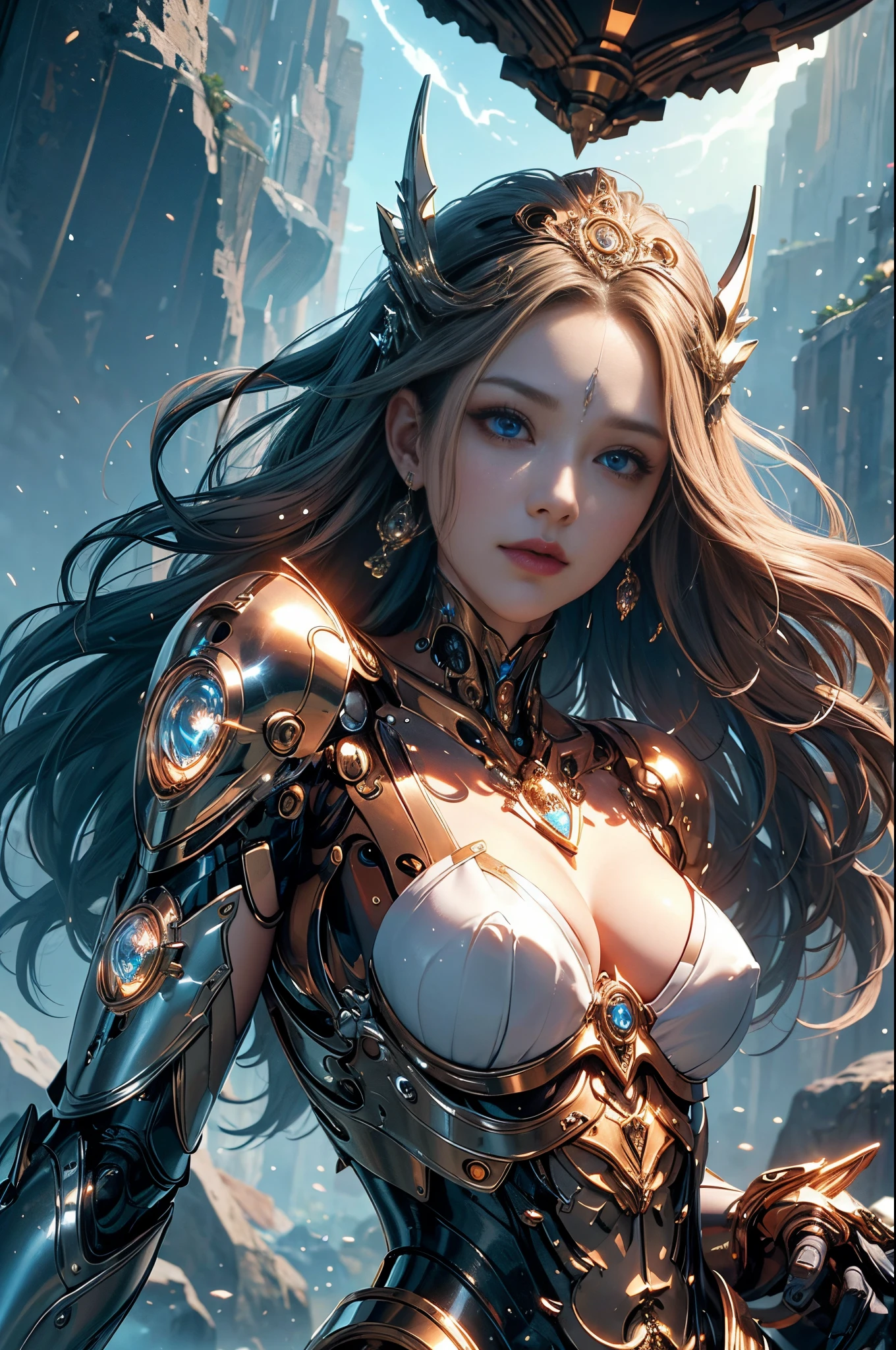 intricate ornate anime cgi style, super detailed fantasy characters, 4K highly detailed digital art, karol bak uhd, cyborg goddess in cosmos, beautiful digital works of art, 2. 5 d cgi anime fantasy artwork, Goddess. extremely high detail, portrait of cyborg queen, extremely detailed goddess shot, Half body machine, Inorganic, Next generation high performance cyborg, Goddess of Machines, The perfect cyborg, A masterpiece created by ultra-high performance AI, ultimate weapon, Best Quality, Perfect Angle, perfect-composition, sharp outline, Best Shots, perfect shapes, perfect model style, Very beautiful and detailed eyes, Hollow eyes