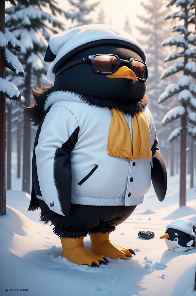 Create a vibrant fantasy cute penguin in a baseball cap and sunglasses minimalistic cartoon style, in the background a beautiful snowy forest, octane render, 8k