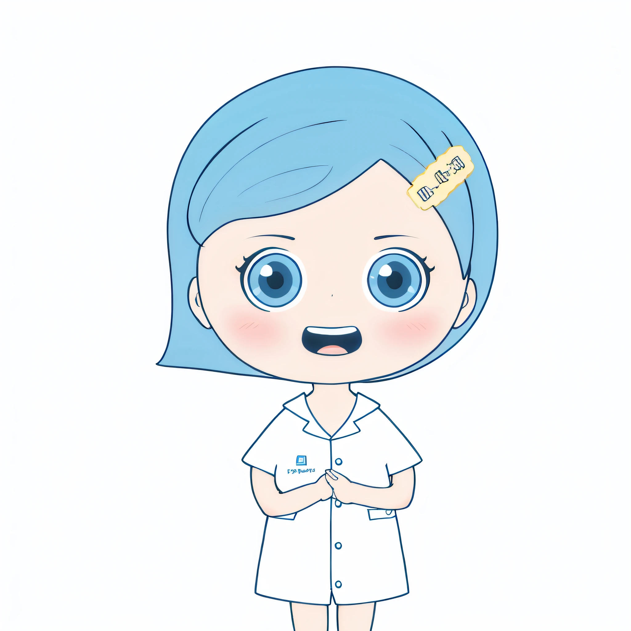 Portrait of a woman with blue hair and white shirt, nurse girl, Congratulations,Wearing a lab coat and shirt, healthcare worker, Put on a lab coat, Put on a lab coat, nurses, Put on a lab coat, blue short hair, blue colors, the doctor, Girl with blue hair
