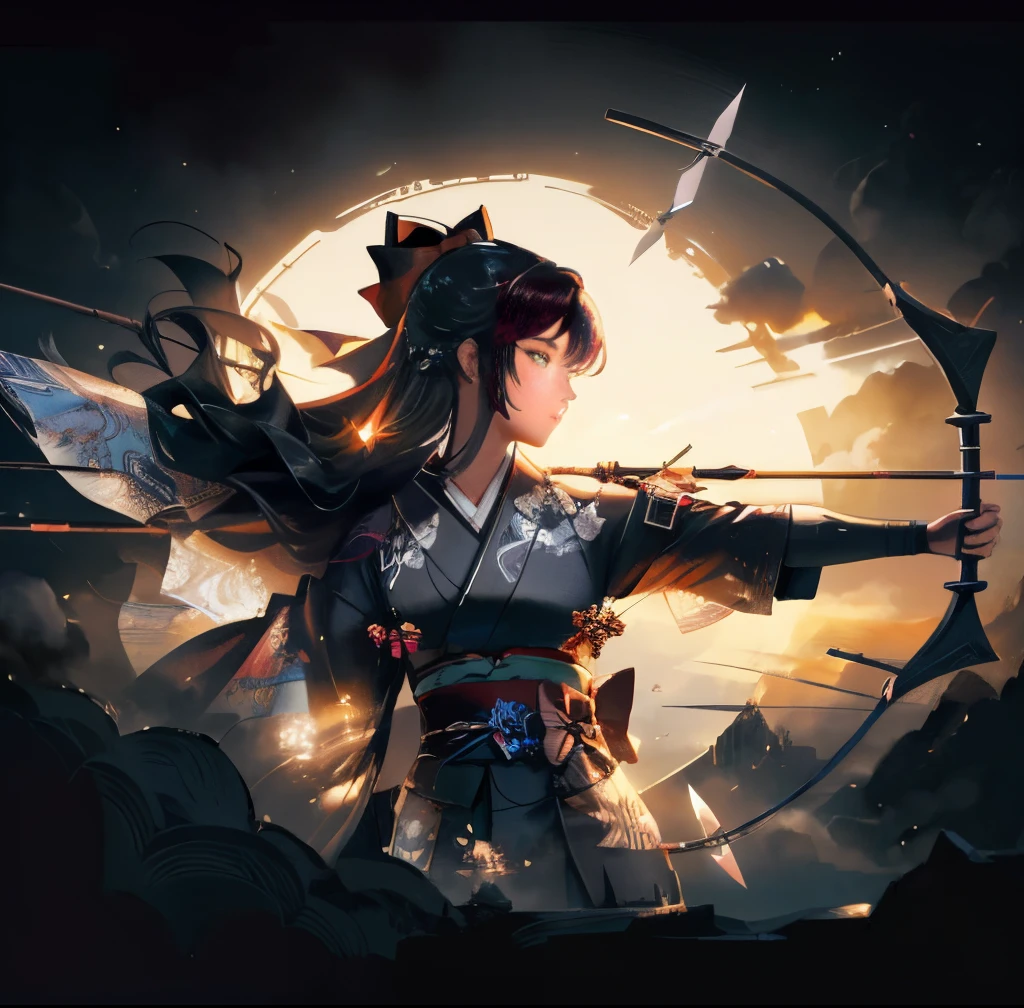 a close up of a person with a bow and a bow in the air, surrealistic digital artwork, beautiful digital artwork, bow and arrow, archer bow, 4k highly detailed digital art, symmetrical epic fantasy art, digital artwork 4 k, 4k detailed digital art, with bow and arrow, dramatic artwork, wide angle fantasy art, fantasy digital art, artistic illustration, dark smoke,kimono,