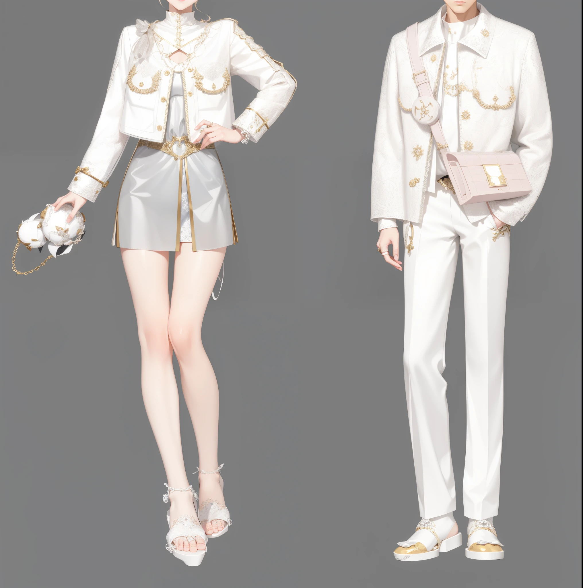 Anime style illustration of several people wearing white clothes, fashion concept art, clear outfit design, lunar themed attire, clothing design, very detailed and rich clothing, Meticulous clothes, clothing concept, Style Games Square Enix, clothes high detail, white  clothes, detailed full body concept art, White fashion clothes, fashion study, Detailed fashion illustration, casual white garment