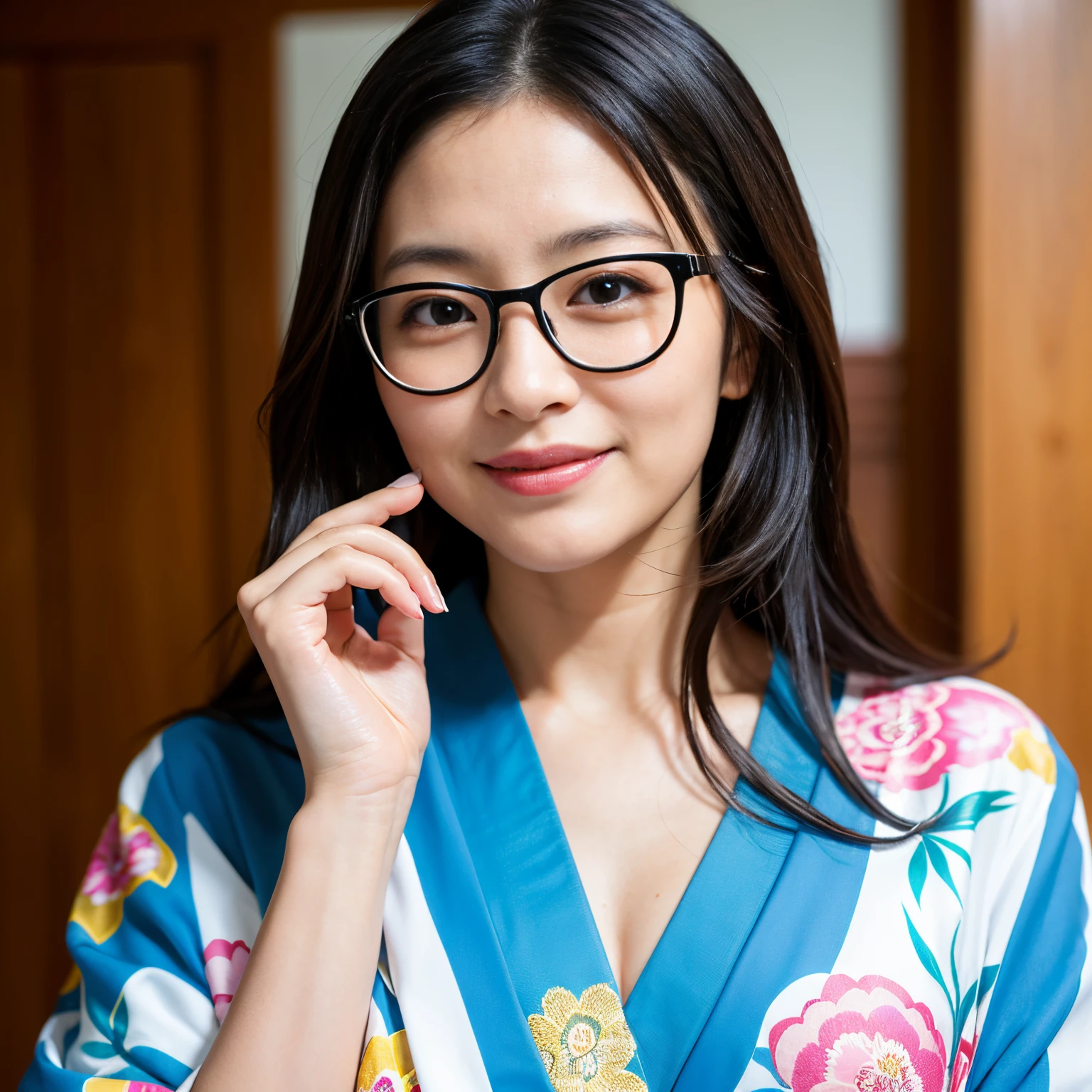 Best-quality, Masterpiece, Ultra-High-Resolution, (Photorealistic:1.4), Raw-Photo, Extremely-Details, Perfect-Anatomy, 1girl, 40-years-old, the most popular Japanese actress, face focus, beautiful smile, wearing gorgeous colorful Japanese KIMONO, put on glasses with cool design, detailed gorgeous colorful Japanese KIMONO, detailed glasses with cool design, looking at viewer, extremely beautiful face with glasses like a most famous Japanese actress, extremely beautiful big black solid circle eyes, extremely beautiful black hair, extremely beautiful white skins, extremely beautiful lips, extremely beautiful long eyelashes