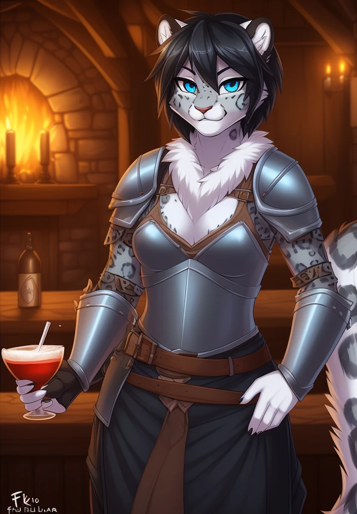 by fluff-kevlar, (best quality, masterpiece:1), solo, anthro, furry, female, ((Snow Leopard)), blue eyes, black hair, short hair, portrait, fingers, finger claws, looking at viewer, snow leopard tail, ((huge tuft of hair on the chest)), (medieval tavern)), ((armor)), serving drink)), ((fully clothed)), ((small breasts))
