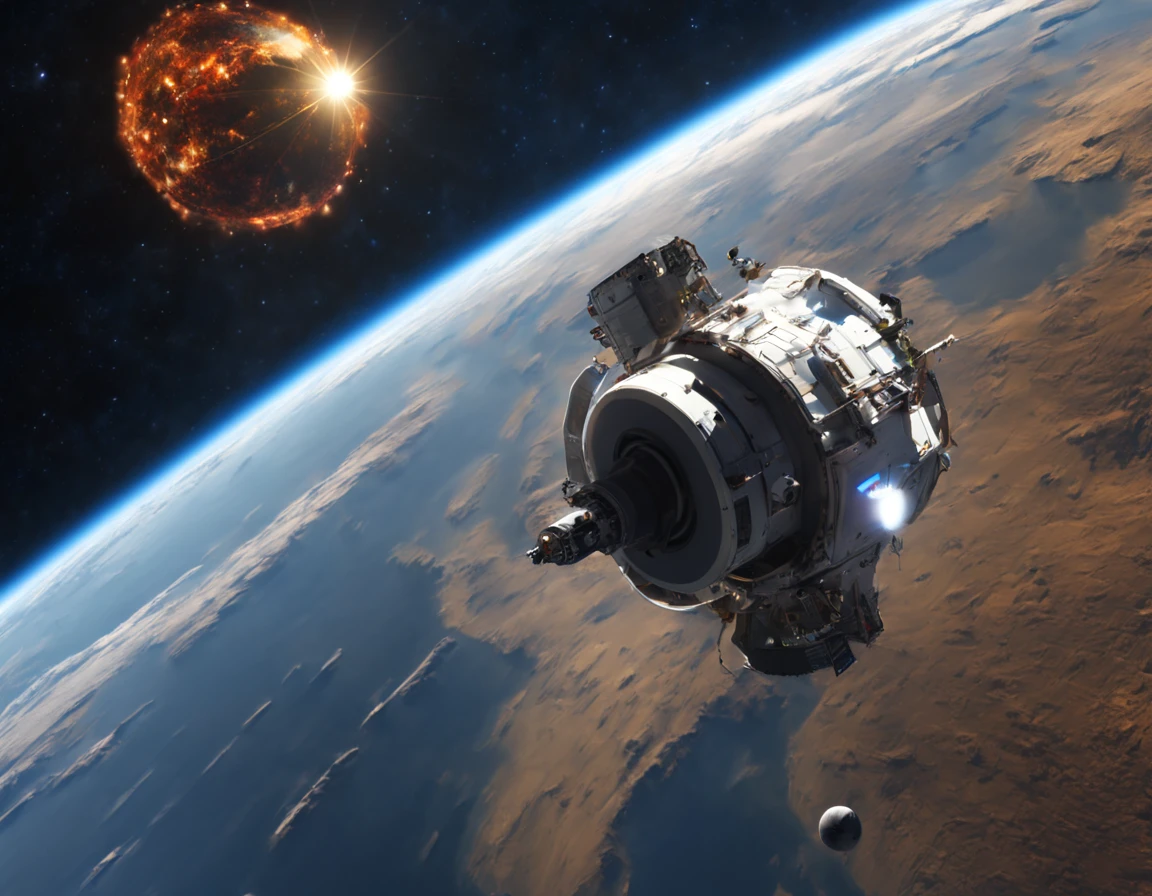 A large spacecraft approaches Earth、4k、realisitic、Shines、cosmic space、Vivid、Clair