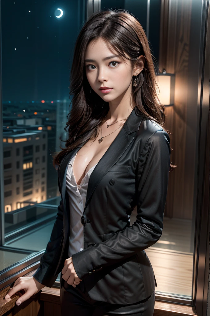 (Photoreal Stick:1.5, masutepiece:1.5, 8K), (top-quality, masterpiece, 超A high resolution), Perfect dynamic composition, Professional camera work:1.4, Highly detailed skin and facial texture:1.3, Mystical portrait:1.3, Grow Light Effect, The ultra-detailliert, 1girl in, ((Night view from inside the building, Please turn off the lights in the room, Dark atmosphere, The moonlight at night shines through the glass)), ((V-neck shirt:0.9 Black tailored suit suit jacket)), Model body type, Clear face, Accurate hand representation, Beautiful and detailed eyes, (Enraptured look:1.0, i love you completely:0.8), A mouthfeel that feels beautiful eros, Dark brown medium hair, the chest is medium, a necklace