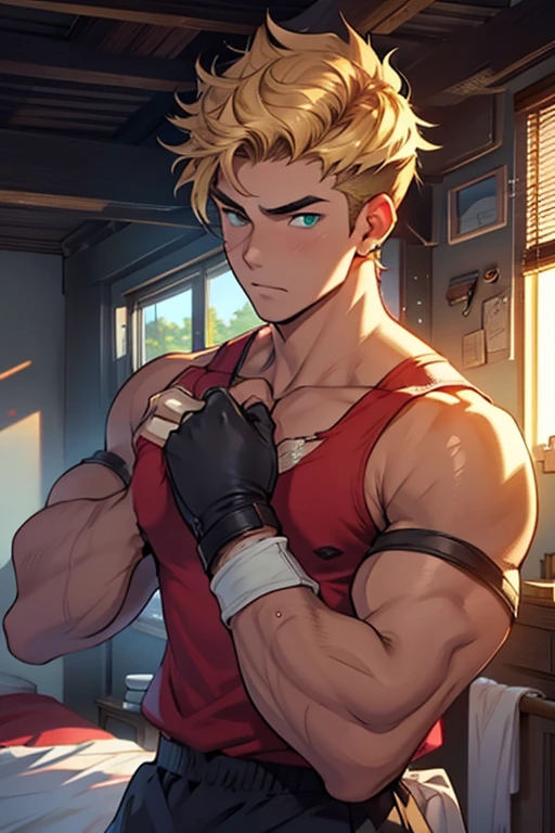 a close-up of a young male, 18 years old, teenage appearance, lightly tanned skin, athletic body, {{{short blonde hair with a pompadour haircut}}}, {{{with a band aid on his cheek}}} , {{{green eyes}}}, {{{red tank top torn on one of the straps showing her chest}}}, {{{black shorts completely torn}}}, {{{wearing gloves on her hands}}}, { {{in the bedroom}}}