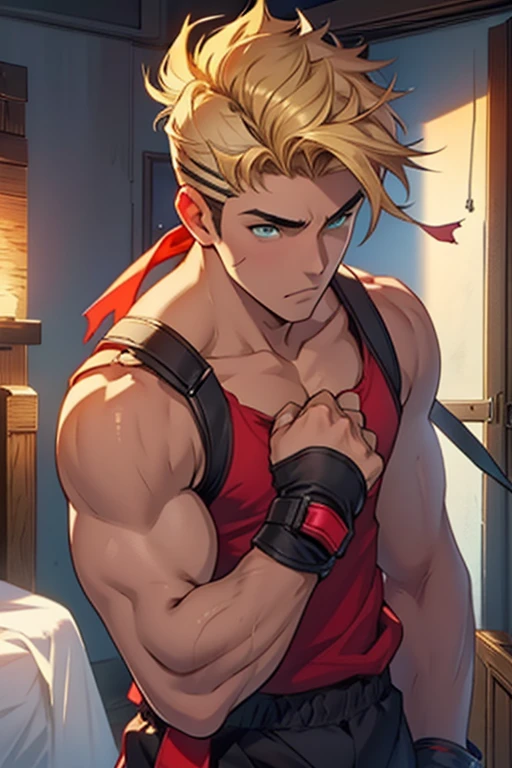 a close-up of a young male, 18 years old, teenage appearance, lightly tanned skin, athletic body, {{{short blonde hair with a pompadour haircut}}}, {{{with a band aid on his cheek}}} , {{{green eyes}}}, {{{red tank top torn on one of the straps showing her chest}}}, {{{black shorts completely torn}}}, {{{wearing gloves on her hands}}}, { {{in the bedroom}}}