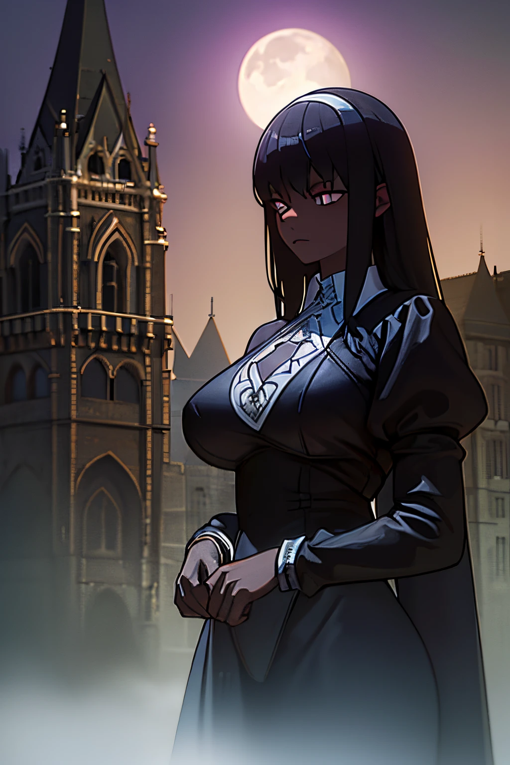 (a girl:1.1)standing near a castle,(creepy)Dracula style, (dark and mysterious)in the moonlit night. The girl, named Karin Nagatoro, has (beautiful detailed) piercing blue eyes, (long flowing) raven black hair, and (pale white) flawless skin. She wears a (gothic) black dress that perfectly complements the (sinister) atmosphere. Karin's lips are (beautiful detailed) blood-red, adding an alluring yet haunting element to her appearance. The castle stands tall with (ancient, intricate) architecture, adorned with (ominous) gargoyles and (eerie) cobwebs. The (creepy) atmosphere is intensified by (subtle fog) rolling through the grounds, and (eerie) bats flying overhead. The castle's surroundings exude an air of mystery, with towering trees casting (ominous) shadows on the courtyard. The moon, in its full glory, illuminates the scene with a (haunting pale glow). The artwork is created with a (photo-realistic:1.37) style, imploring (masterpiece:1.2) quality, showcasing (ultra-detailed) textures and (sharp focus). The colors are (vivid and contrasting), with a combination of (deep blacks) and (rich reds) dominating the palette. The lighting is skillfully done, with (subtle) moonlight cascading through the castle windows, casting (intricate) shadows on the surroundings. Overall, the artwork depicts Karin Nagatoro, a mysterious girl, standing near a haunting castle in a Dracula style. The scene is filled with (creepy) elements, creating an atmosphere of suspense and intrigue. The high-quality rendering and attention to detail add depth and realism to the image, making it a compelling piece of art.