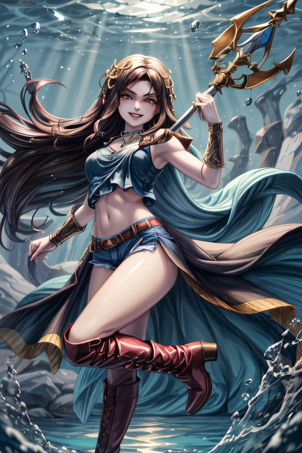 Phin has light gray skin, long pointed elfish ears, vivid salmon-colored scales on her forearms and calves, She has waist-length straight black hair, yellow eyes with thin vampiric slits for pupils. Her fangs are small but noticeable when she grins, Phin wears black ripped jeans and crimson knee-high boots, coupled with a sleeveless white armor vest edged in gold, A long black leather duster coat completes the outfit, she carries a battle-worn golden trident axe, She also wears a small Zora sapphire pendant necklace. Phin has a chill playful personality and often floats nonchalantly a foot off the ground, As a vampire-Zora hybrid she has a unique undead aquatic physiology with powers from both species, masterpiece, high quality, 4K, MarcelineWaifu, red tank top, jeans, boots, zora, nsfw