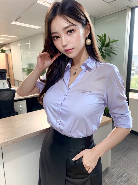 (masutepiece:1.3), High resolution, ultra-detailliert, the Extremely Detailed CG Unity 8K Wallpapers, Realistic, Photorealsitic, Raw photo, beautifull detailed face, pale skin, realistic glistening skin, Detailed Cloth Texture, detailed hair texture, Perfect body, Beautiful face, 准确, Anatomically correct, Highly detailed face and skin texture, Natural neck length, (beautiful hand air skin:1.2), thin legs, Thin feet,
BREAK,
Detailed eyes, symmetrical eye, Light brown eyes, Double eyelids, Thin eyebrows, (Glossy lips:1.4), ((gently smiling:1.2)), (blush:1.1),
BREAK,
(Classy and cute girl:1.3), (Wear elegant clothes (Light purple) Button shirt:1.2), ((Light Caucasian) Long skirt with irregular hem:1.2), Close the button,
medium large breasts, (Slender figure:1.1), Firm abs, Beautiful collarbone,
(Dark blonde hair, Wavy Hair, Long hair:1.2), ((asymmetrical bangs:1.2)),
BREAK,
Standing, ((Pose to be silent:1.3)),
((Inside the reception of a modern office building in Japan)), (Cowboy Shot:1.2), looking side at viewer, from the front side:0.65,