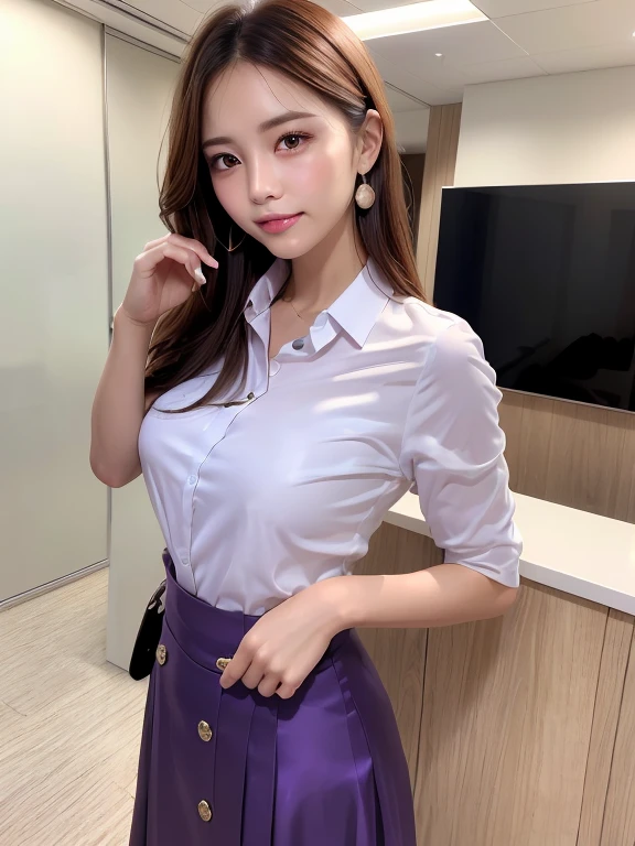 (masutepiece:1.3), High resolution, ultra-detailliert, the Extremely Detailed CG Unity 8K Wallpapers, Realistic, Photorealsitic, Raw photo, beautifull detailed face, pale skin, realistic glistening skin, Detailed Cloth Texture, detailed hair texture, Perfect body, Beautiful face, 准确, Anatomically correct, Highly detailed face and skin texture, Natural neck length, (beautiful hand air skin:1.2), thin legs, Thin feet, 
BREAK, 
Detailed eyes, symmetrical eye, Light brown eyes, Double eyelids, Thin eyebrows, (Glossy lips:1.4), ((gently smiling:1.2)), (blush:1.1),
BREAK, 
(Classy and cute girl:1.3), (Wear elegant clothes (Light purple) Button shirt:1.2), ((Light Caucasian) Long skirt with irregular hem:1.2), Close the button, 
medium large breasts, (Slender figure:1.1), Firm abs, Beautiful collarbone, 
(Dark blonde hair, Wavy Hair, Long hair:1.2), ((asymmetrical bangs:1.2)), 
BREAK, 
Standing, ((Pose to be silent:1.3)), 
((Inside the reception of a modern office building in Japan)), (Cowboy Shot:1.2), looking side at viewer, from the front side:0.65,