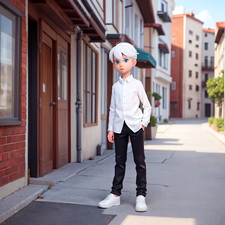 A boy is playing white hair blue eyes black pants white shoes