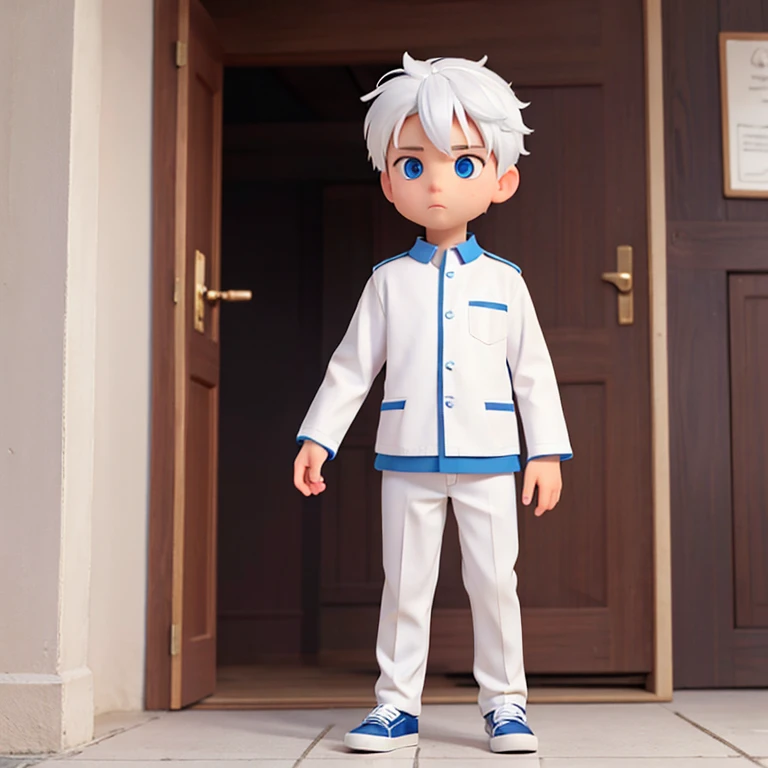 A boy is playing white hair blue eyes black pants white shoes