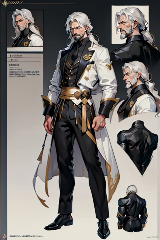 dark skin man, male, black eyes, white hair, long hair, anime style, 4k image, full body, holographic background, Character sheet, Handsome male. Perfect face, 6 ft 5 tall middle aged man. White hair. Long hair. Grey eyes. Beard. Earrings. Toned body. Muscular male, character design sheet，full bodyesbian, Full of details, body front view, body back view,  Full body, muscle body, Formal clothes. ((Masterpiece, Highest quality)), Detailed face, character design sheet full bodyesbian, Full of details, frontal body view, back body view, Highly detailed, Depth