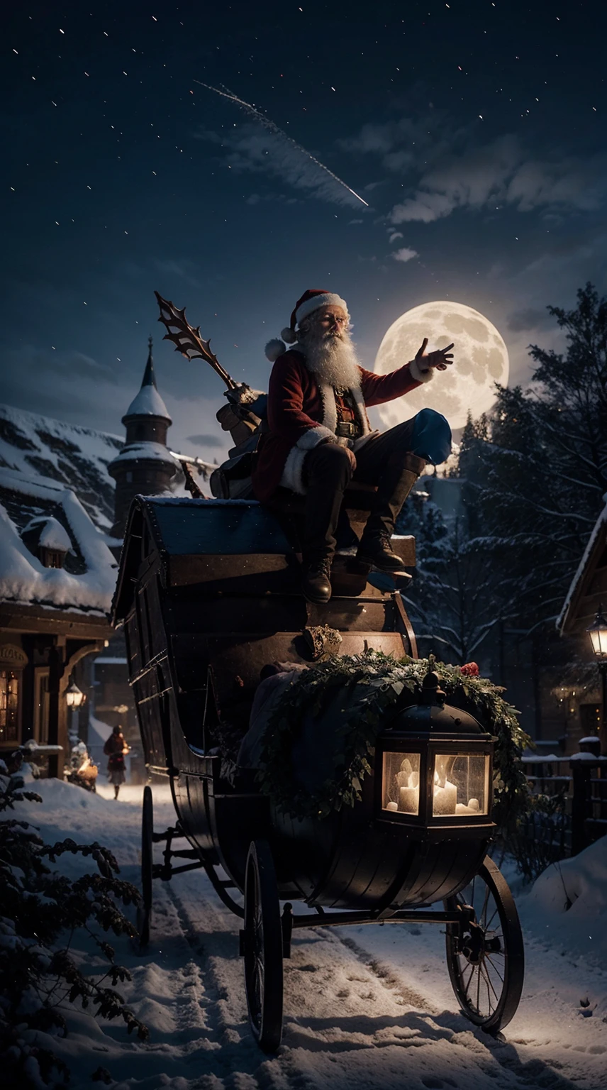 Santa Claus, sleighs, Flying over Hogwarts, Christmas time, Night, Dark moon, realistic.