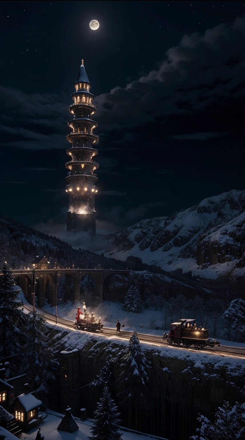 Santa Claus, sleighs, Flying over Hogwarts, Christmas time, Night, Dark moon, realistic.