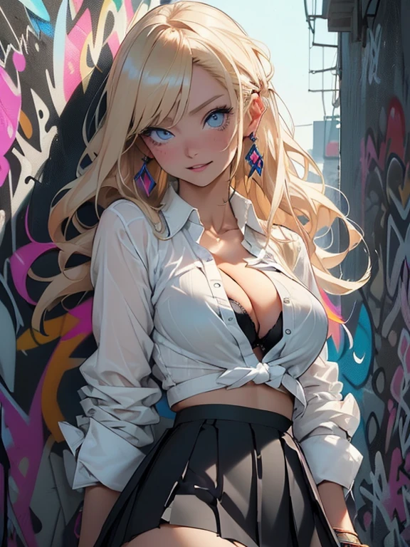 (masuter piece、best qualtiy、ighly detailed、illustratio、超A high resolution)、

((Colorful graffiti art background at night:1.5)、(highly detailed night background))、

(One Beautiful Girl、Long Blonde Hair、extra detailed face、extremely detailed eye、二重まぶた、blue eyess、sexy facial expression、Open mouth and smile happily、embarrassed from、(Blue earrings)、Thick lip)、

((Tie the white shirt at the belly button:1.3)、(Showing off her exposed blue bra under her open white shirt:1.7)、(cleavage:1.5)、(tight black pleated skirt:1.7)、(Blue  panties:1.4)、)、

(Huge breasts、short waist、wide-hips、thick thight、Plump、skin tanned:1.5)、

posterior view、Lift your skirt with both hands、

(taken from the under:1.5)、ultra close up、NSFW、Scale to fit image