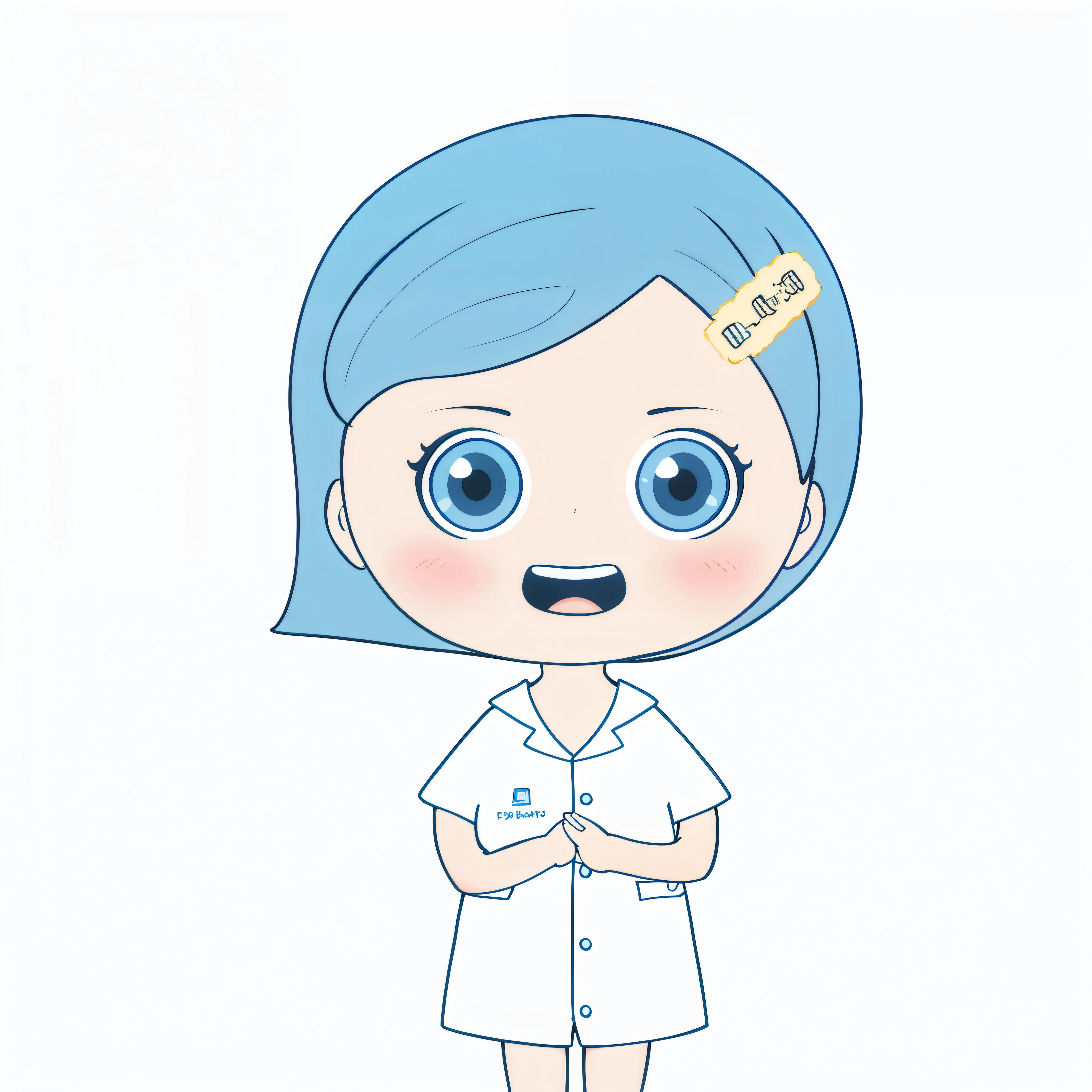 Portrait of a woman with blue hair and white shirt, nurse girl, Congratulations,Wearing a lab coat and shirt, healthcare worker, Put on a lab coat, Put on a lab coat, nurses, Put on a lab coat, blue short hair, blue colors, the doctor, Girl with blue hair