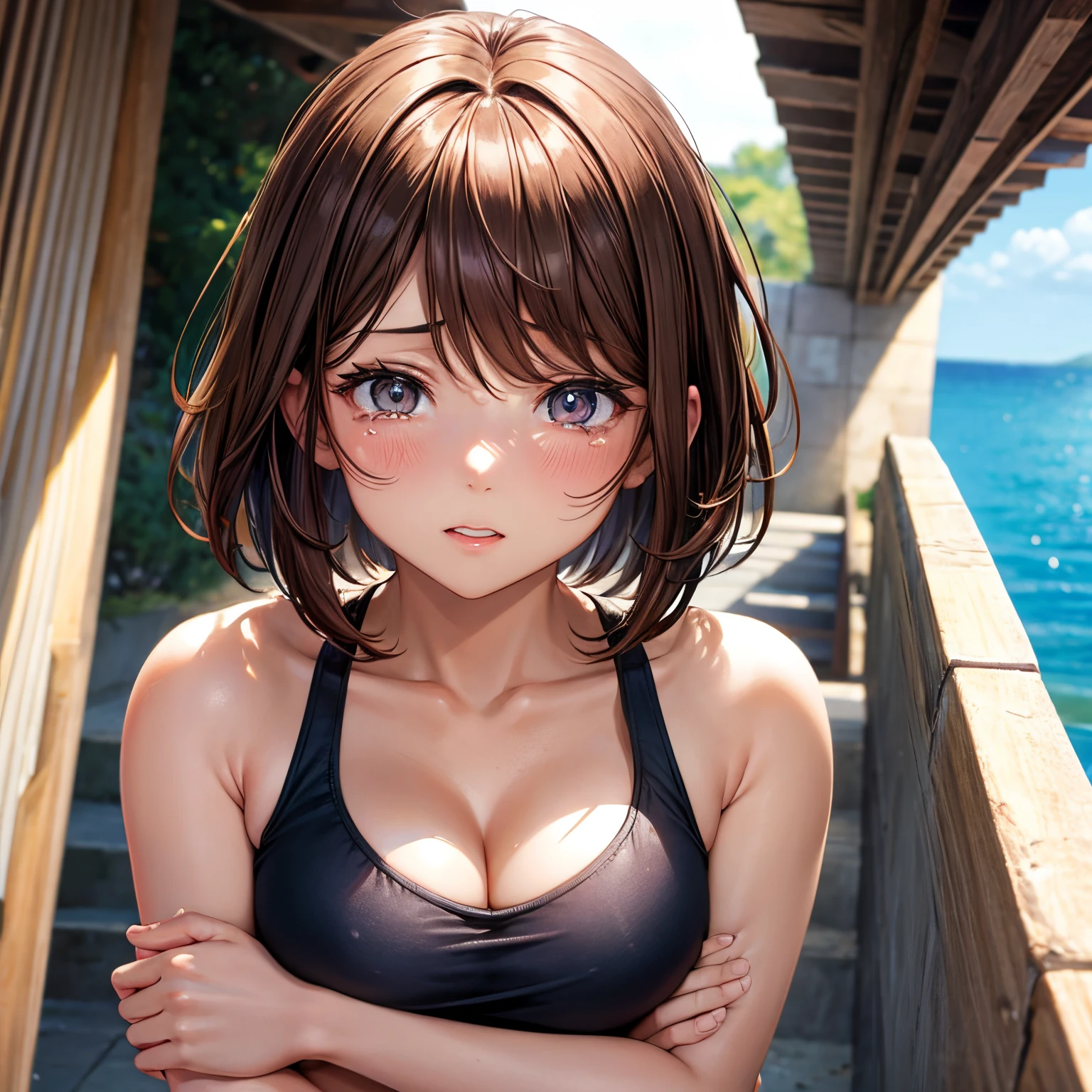 Upper body Cleavage Brown hair Bob Brown eyes Crying face Brown skin